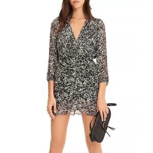 ba&sh Robe Ezra Noir Black White Mini Dress Ruched Chiffon Womens 3 US Large